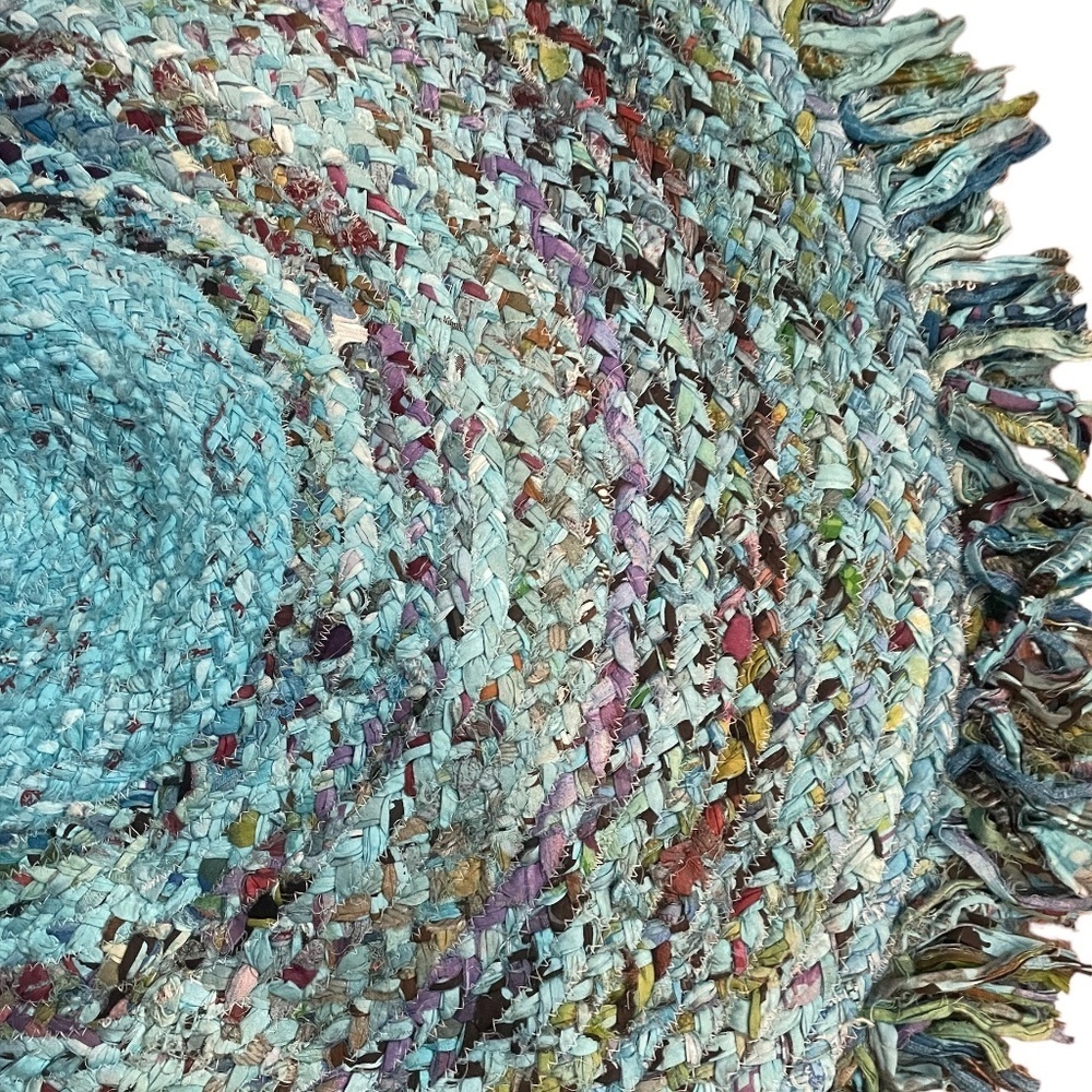 NWOT Handmade Braided Multi Color Block Rag Rug With Fringe Round Rug, - Picture 5 of 8